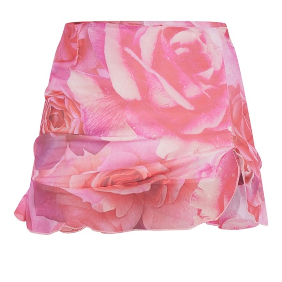 PrettyLittleThing Pink Floral Print Chiffon Ruffle Hem Micro Mini Skirt - Picture 1 of 10
